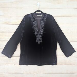 Chico's Size 2 Large Purple Velvet Embellished Tunic Top Beaded Bohemian Blouse